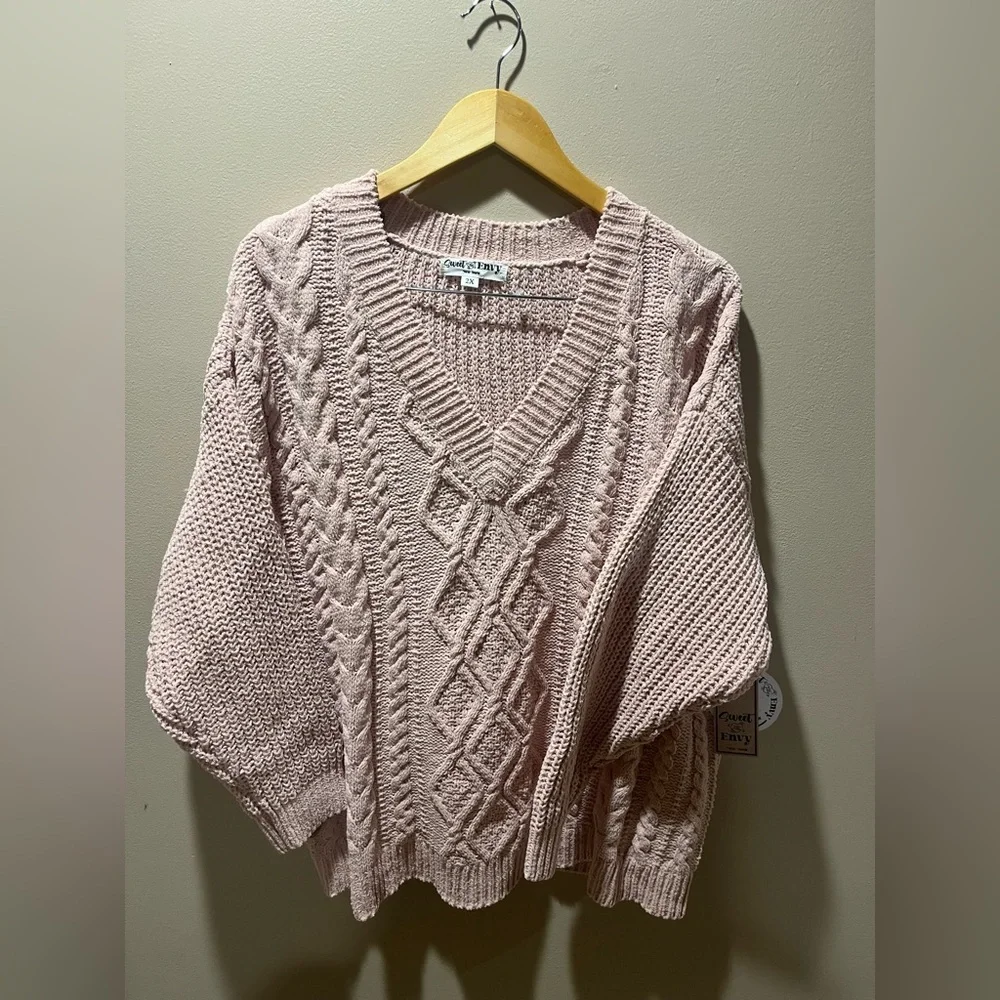 Cable & Gauge V-Neck Sweater - Soft Pink - Picture 2 of 7